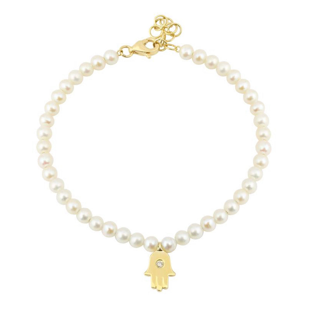 Pearl And 14KT Gold Hamsa Bracelet With Petite Set Diamond